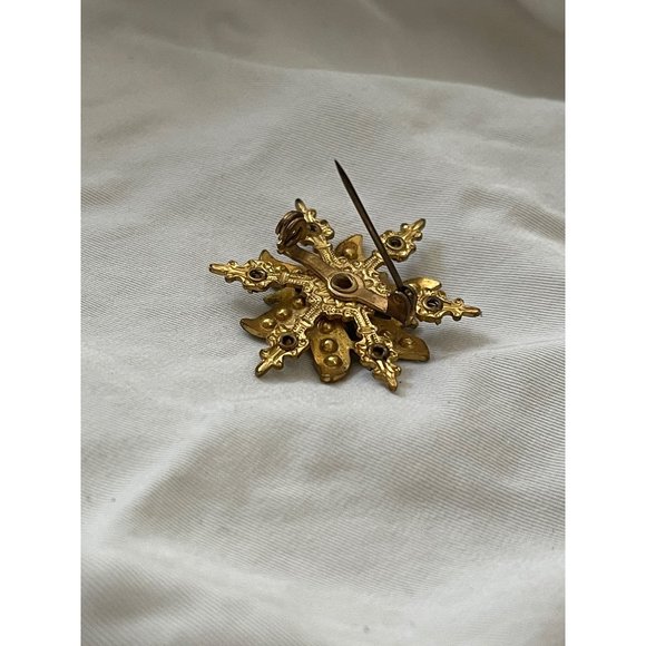 Vintage Green / Clear Rhinestone Gold Tone Snowflake/Floral Brooch - Picture 8 of 10